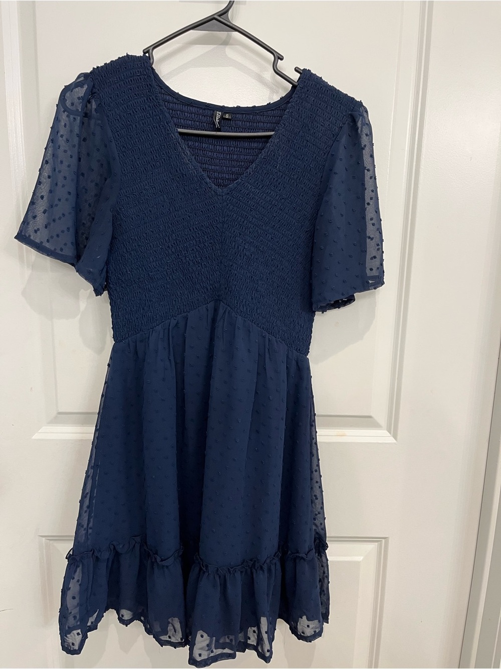 Navy V-Neck Swiss Dot Short Sleeve Dress